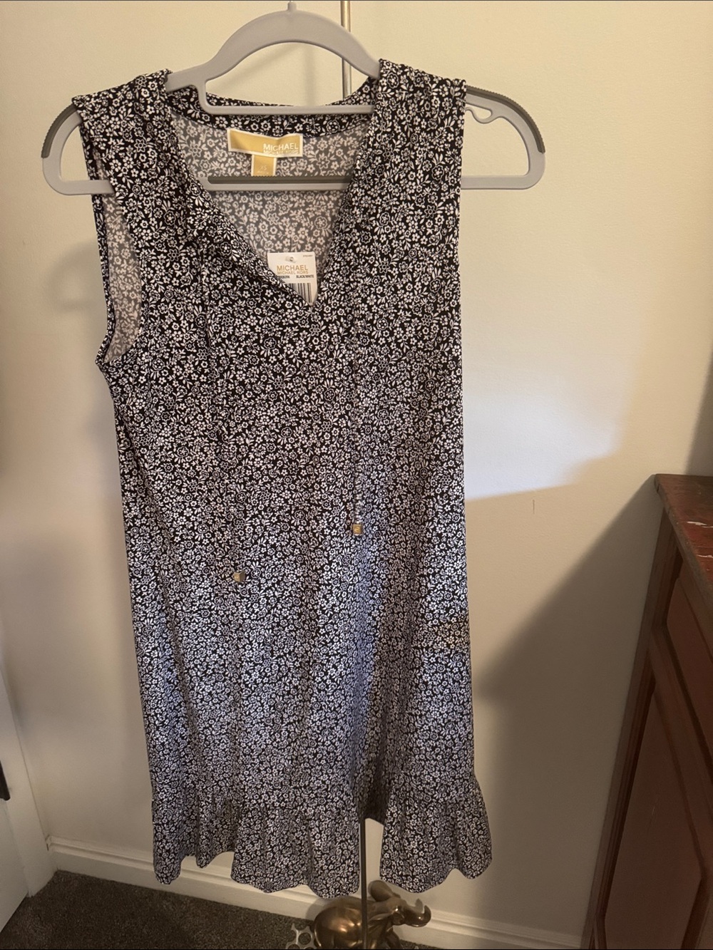 Michael Kors Black & White Floral Ruffle-Hem Sleeveless Mini Dress